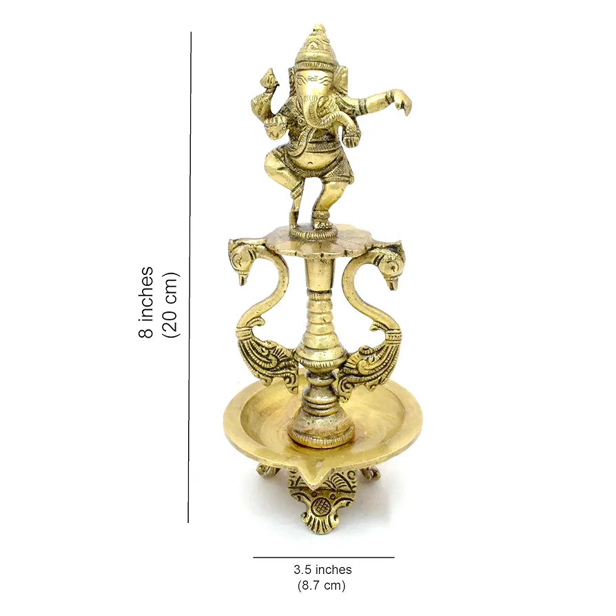 Two Moustaches Brass Dancing Ganesha Oil Diya with Base