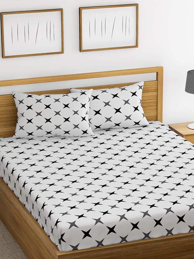 Huesland by Ahmedabad Cotton 144 TC Cotton King Size Bedsheet with 2 Pillow Covers - White, Grey