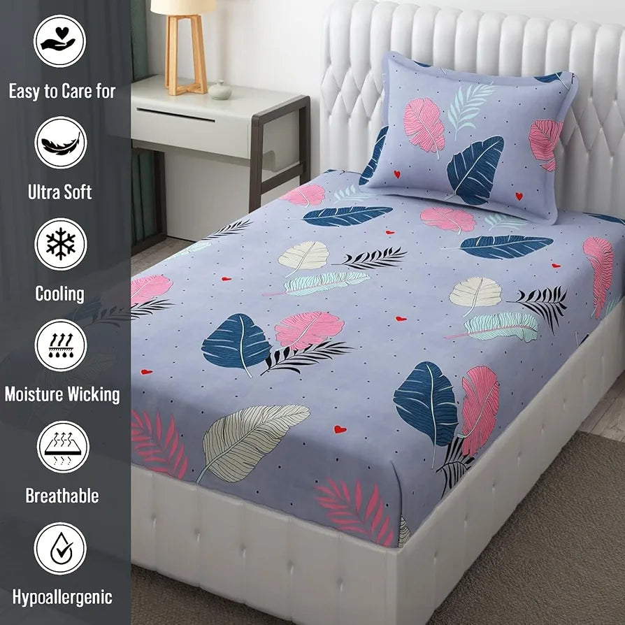 Fresh From Loom Floral Microfiber Single Size Single Bedsheet with 1 Pillow Covers 144 TC Zenith Blue