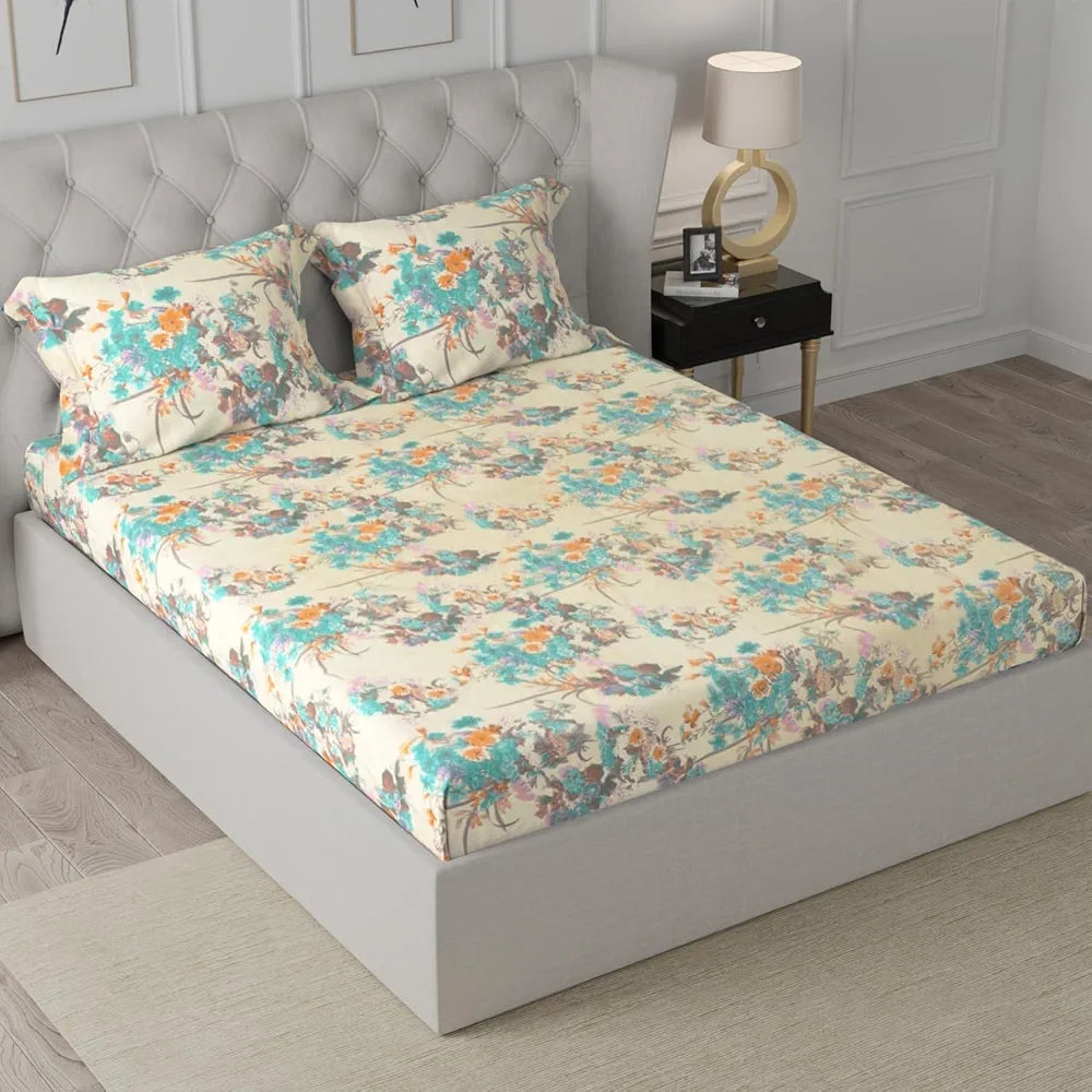 Cloth Fusion Glace Cotton Elastic Fitted Bedsheet for Double Bed King Size with 2 Pillow Covers Spring Bloom