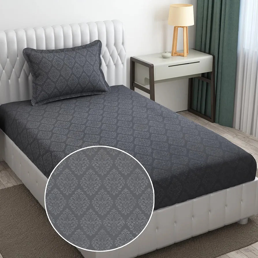 Fresh From Loom Microfiber Single Size Bedsheet Hypoallergenic Wrinkle Free Rotary Printed Bed Sheets with 1 Pillow Covers 144 TC Grey Damas