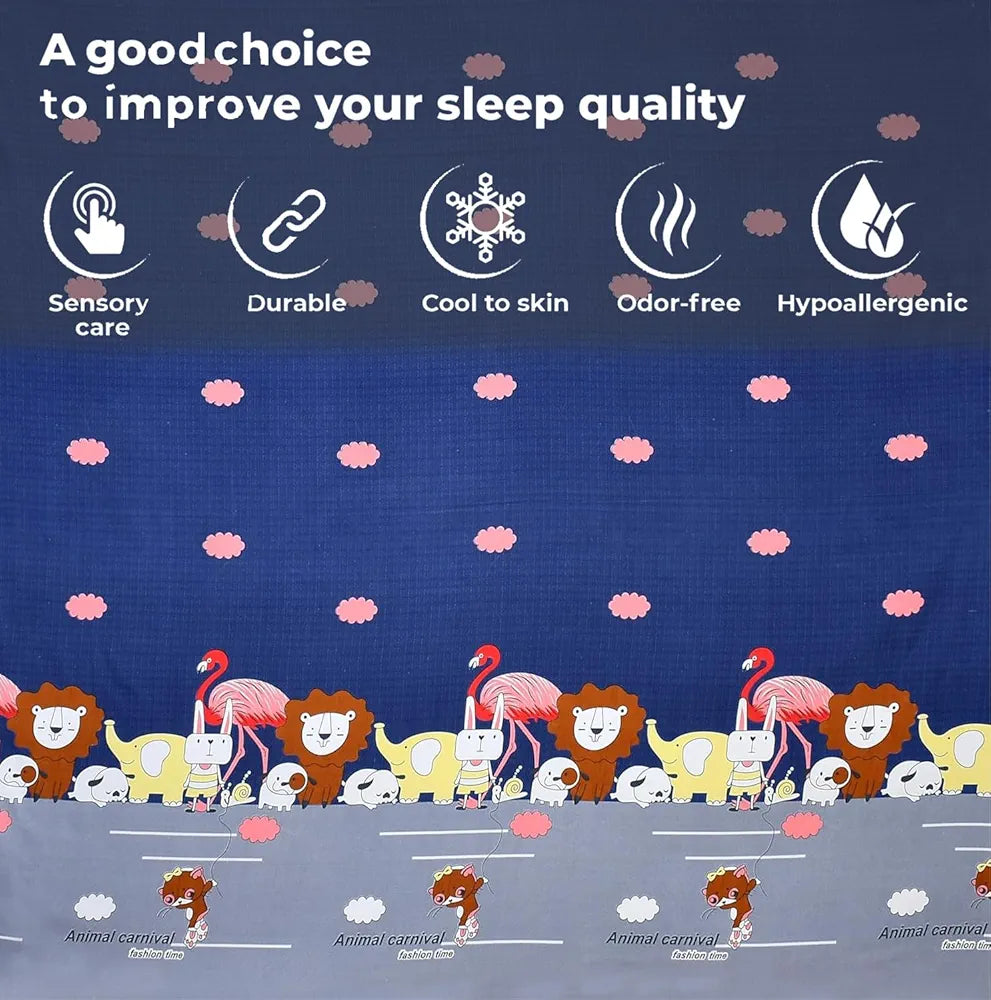 Fresh From Loom Glace Cotton 300 tc Wrinkle Free Soft Hypoallergenic Elastic Fitted Cartoon Printed Bedsheets For Kids With 1 Pillow Jungle Blue Smallsingle