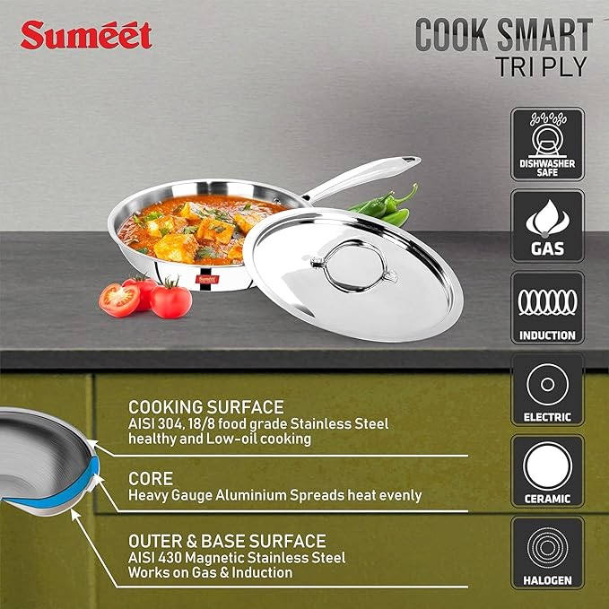 Sumeet Cook Smart TriPly SAS Steel Aluminium Steel 3 Layers Fry Pan with Lid 1 LTR - 20Cm