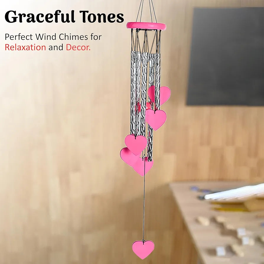 Hanging Wind Chimes for Home and Balcony Heart Shape Pink Wind Chime -018