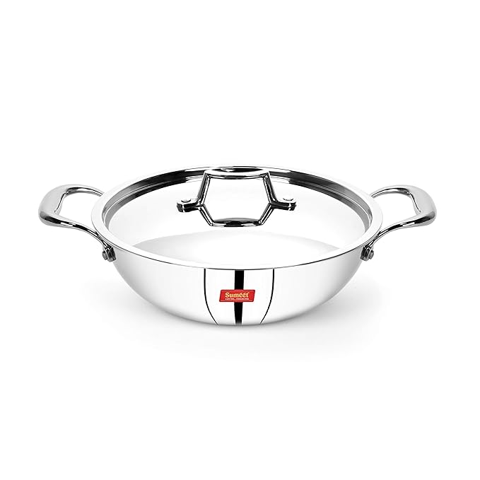 Sumeet Cook Smart TriPly Steel Aluminium Steel 3 Layers Kadhai with Lid - 1.1 Ltr - 18Cm