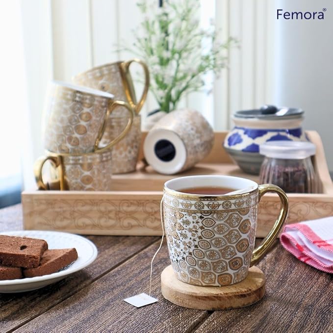Femora Premium Ceramic Floral Medallion Coffee & Tea Cup Set of 6 | 160 Ml | Golden