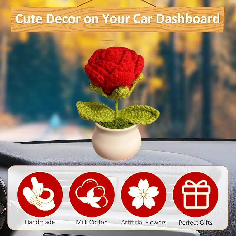 Handmade Crochet Flower Pot Rose and Tulip Artificial Flower Knitted Flower