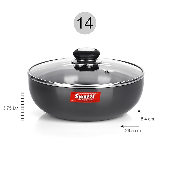 Sumeet 3mm Hard Anodized Deep Tasla with Glass Lid Size No - 14 (26.5 cm 3.75 Liters)