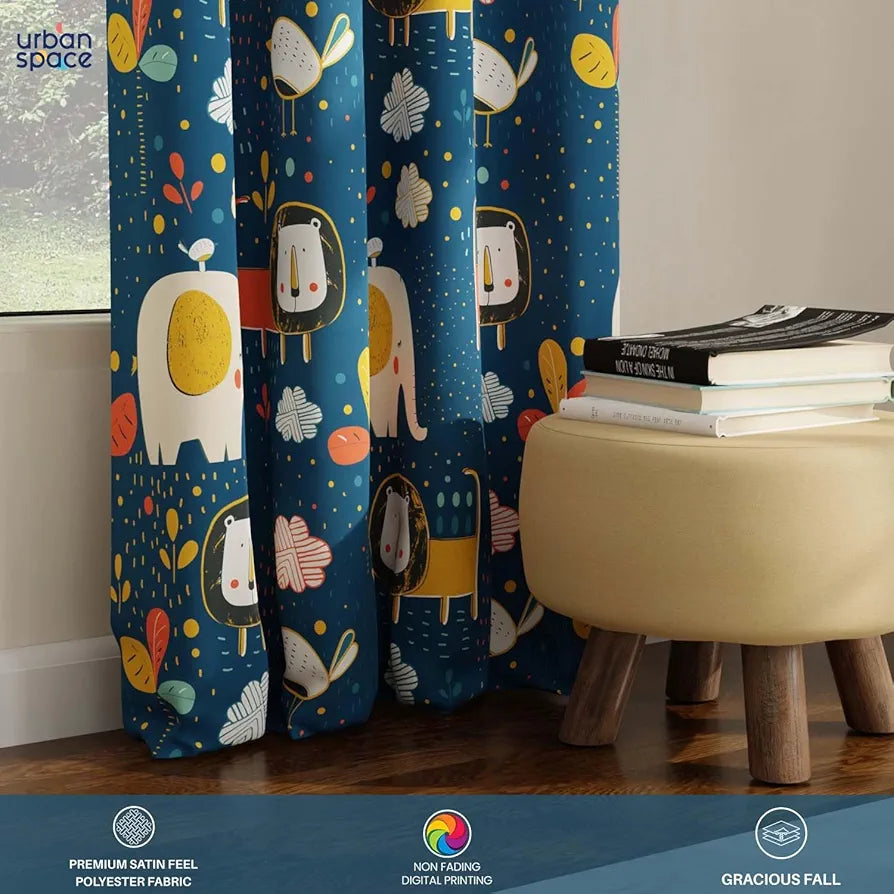 Urban Space Digital Printed Blackout Curtains for Door Bedroom Room Darkening Blackout Kids Decorative Curtains, 1 Piece Curtain Lion King Blue