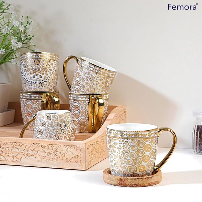 Femora Premium Ceramic Floral Medallion Coffee & Tea Cup Set of 6 | 160 Ml | Golden