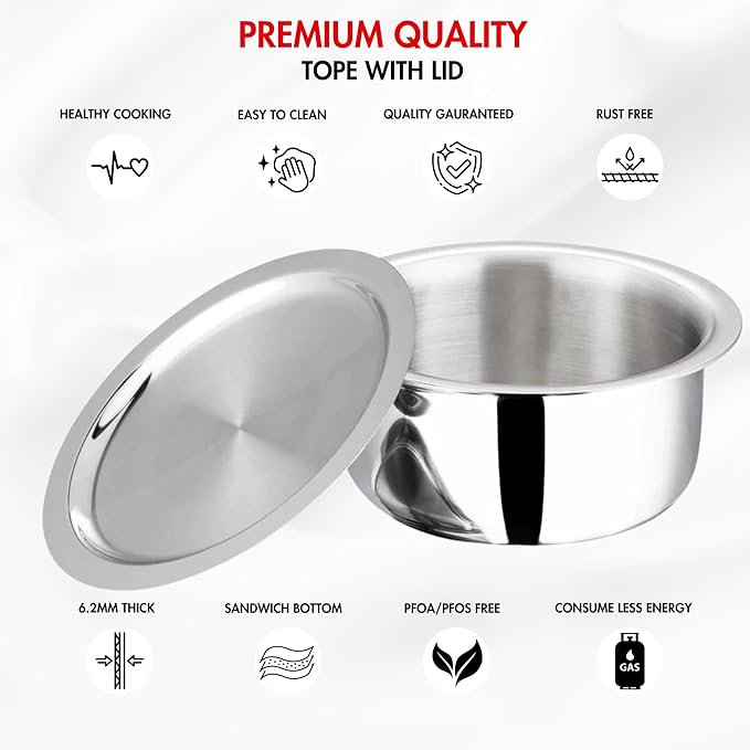Vinod Platinum Triply Stainless Steel Tope with Stainless Steel Lid 3.5 litres Capacity (20 cm Diameter) - Silver