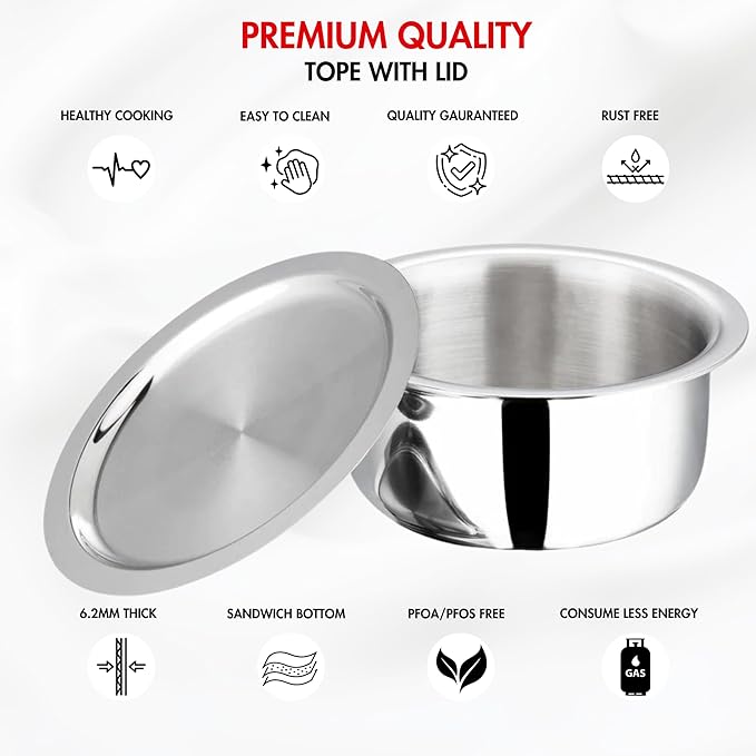 Vinod Platinum Triply Stainless Steel Tope with Lid - 1 Litre, 14 cm | Boiling Tope for Kitchen