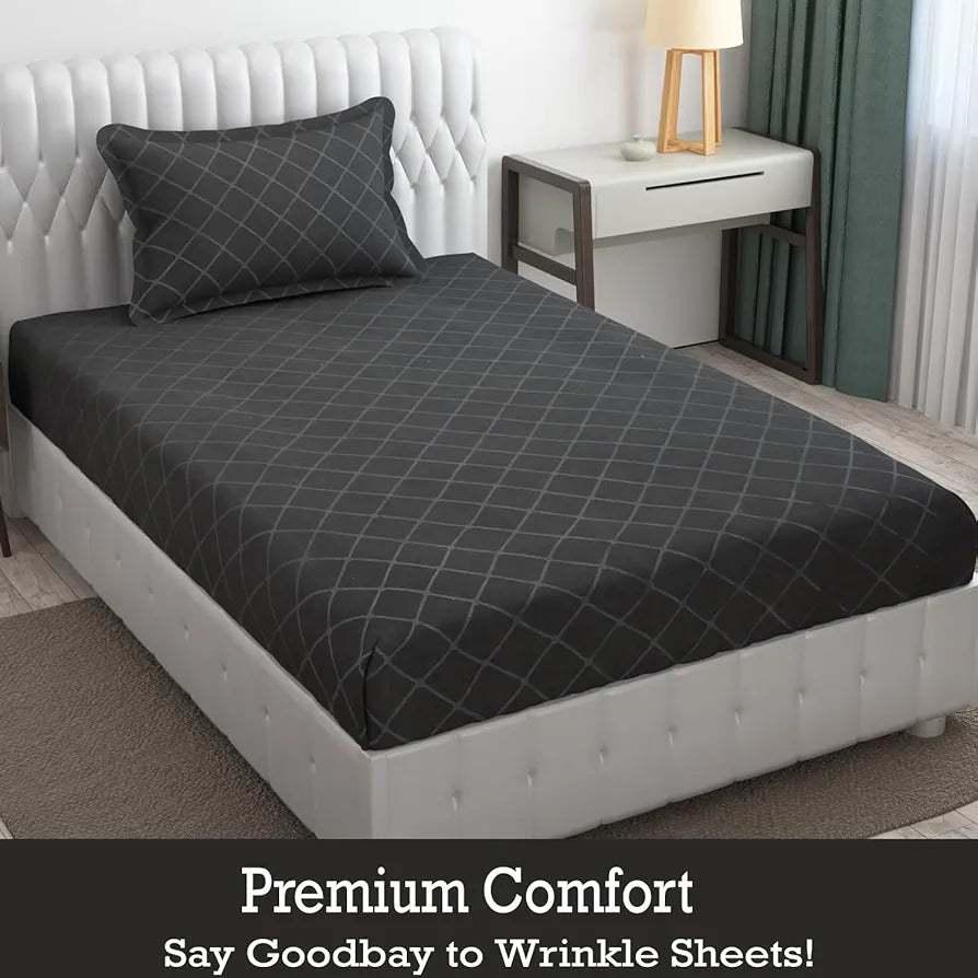 Fresh From Loom Microfiber Single Bed Geometric Bedsheet With 1 Pillow Covers 144 TC Grey Barfi