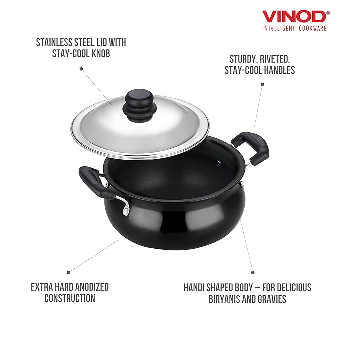 Vinod Black Pearl Hard Anodised Non Stick Handi with Lid - 3.8 Litre, Small | 3.25mm Thickness | Biryani Pot
