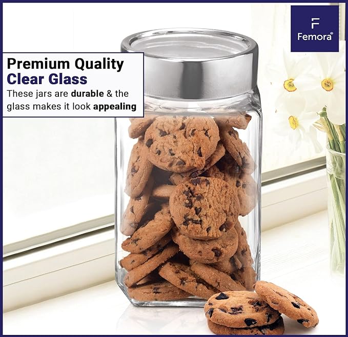 Femora Clear Glass Octa Jar With Steel Lid, Airtight Lid Jar for Kitchen Storage | 2000 Ml | Pack of 2