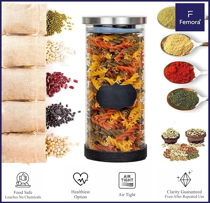 Femora Storage Jars Borosilicate Glass With Silicon Bottom Air Tight Jar With Steel Lid | 900 Ml
