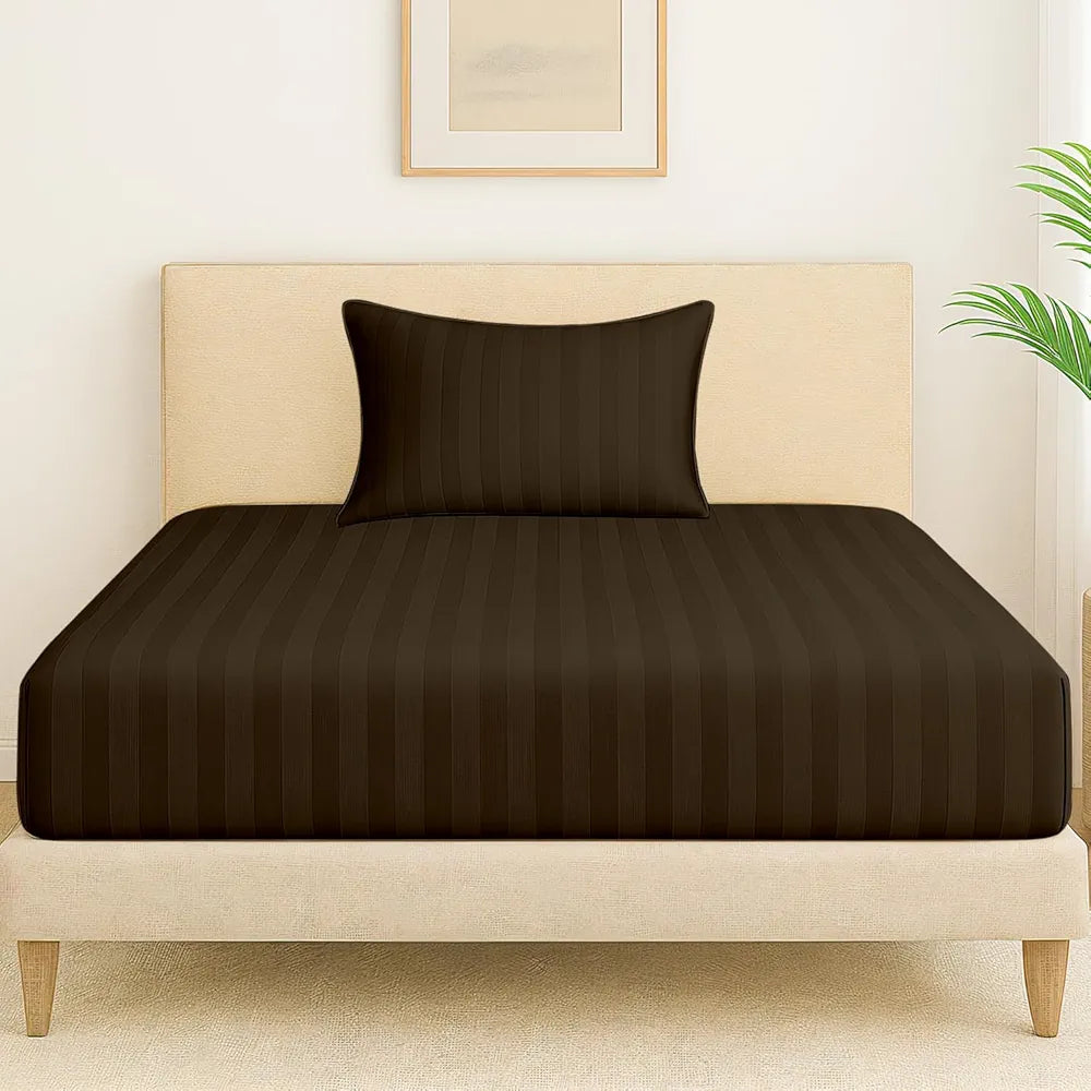 Cloth Fusion Elastic Fitted Glace Cotton Satin Striped Bedsheet Single Size with 1 Pillow Cover Dark Brown