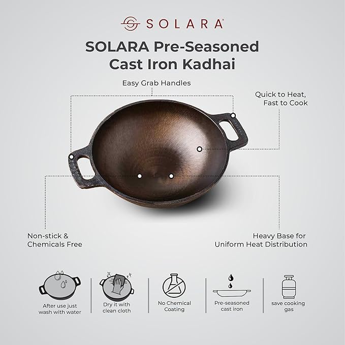 Solara Pre Seasoned Cast Iron Kadhai | 25 Cm, 2.5 Kg | Naturally Nonstick Cast Iron Kadai With Flat Handles | 2.3 Litres