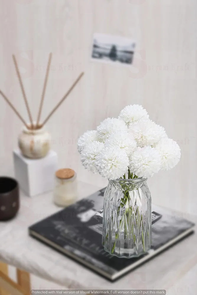 Artificial Chrysanthemum Hydrangea Ball Flower Sticks White