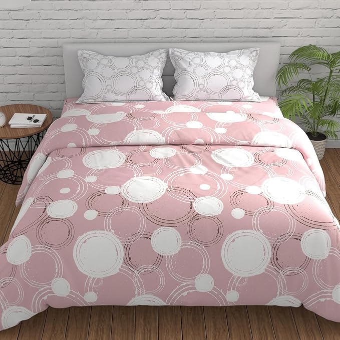 Huesland by Ahmedabad Cotton 144 TC King Size Bedsheet Cotton with 2 Pillow Covers | Sphere | Pastel Peach & Off White