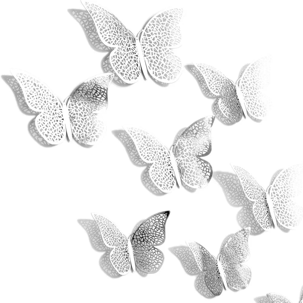 Xtore 12pcs 3D Home Decor Silver Butterfly Beautiful Decor - Silver Pack of 12