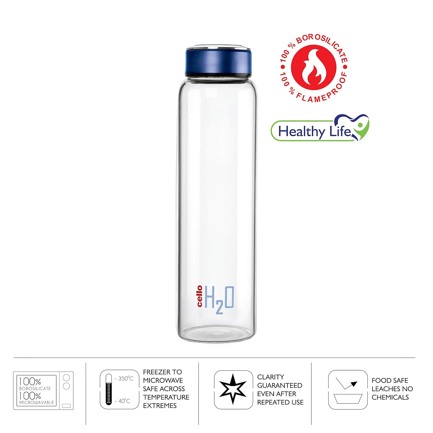 Cello H2o Borosilicate Glass Water Bottle | 1000 ml