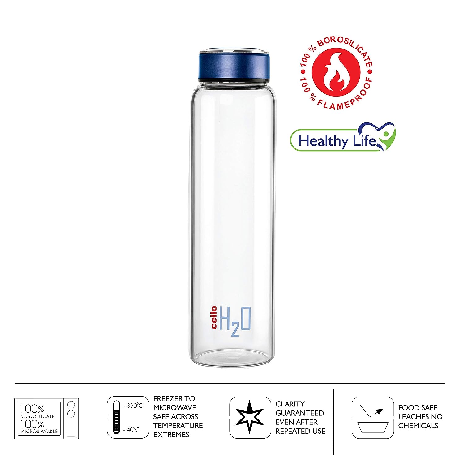 Cello H2O Borosilicate Glass Water Bottle | 1000 ml | Blue