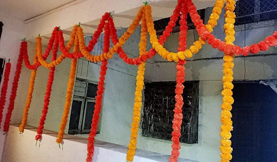 Plastic 10 Pcs Indian Handmade Artificial Marigold Garland Flowers Long Toran Genda Phool 4.5-4.9Ft 5 Yellow + 5 Orange 10 Strings