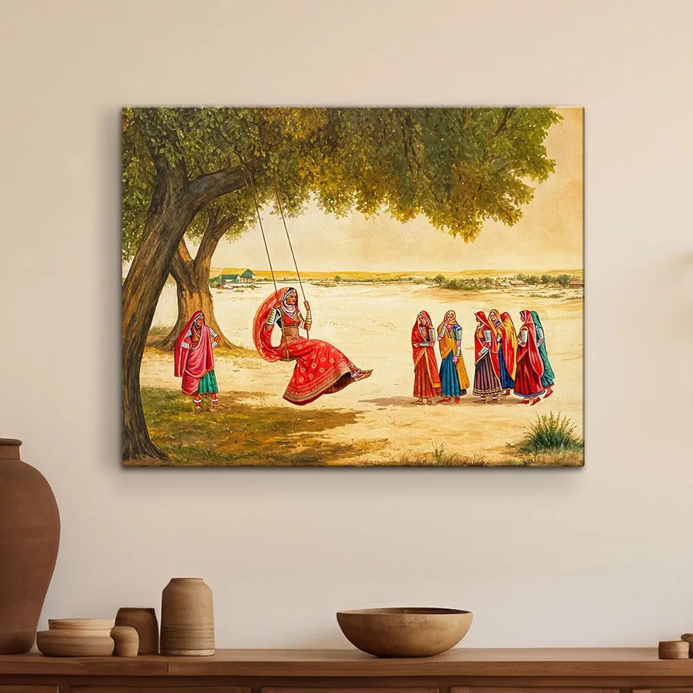 ArtX Paper Women on Swing Indian Village Scene AXDMD-0103-VIL Nature Wall Art Painting