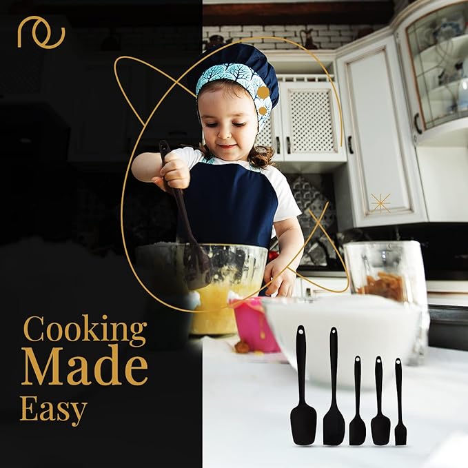 Frenchware Set of 5 Spatulas, Black | Non-stick Premium Silicone Spatula for Cooking, Baking & Mixing, Seamless Design