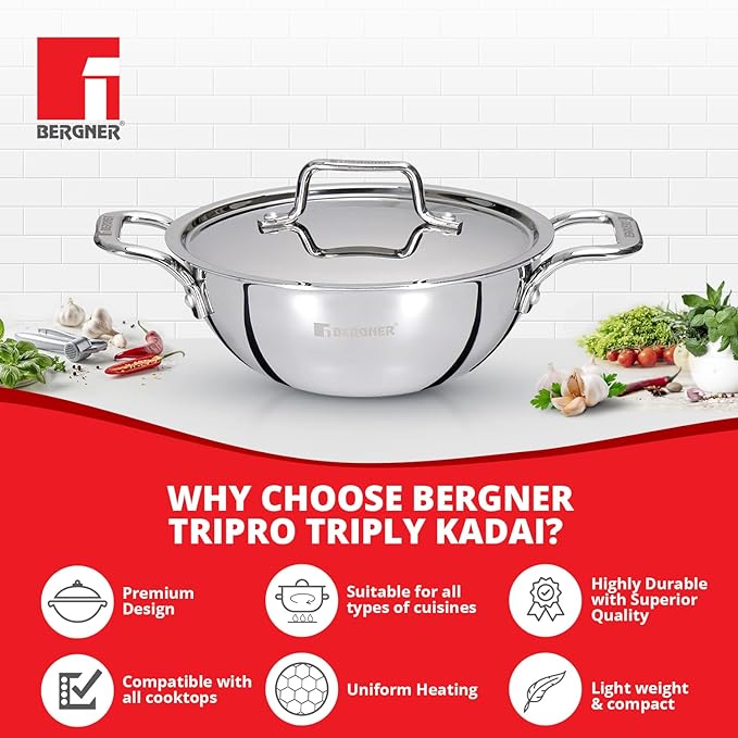 Bergner Tripro Triply Stainless Steel 24 Cm Kadai With Stainless Steel Lid | 3.1 L Kadhai