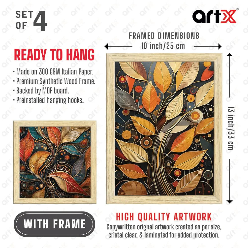 ArtX Paper Golden Mystic Leaves Art Paintings With Frame Set of 4