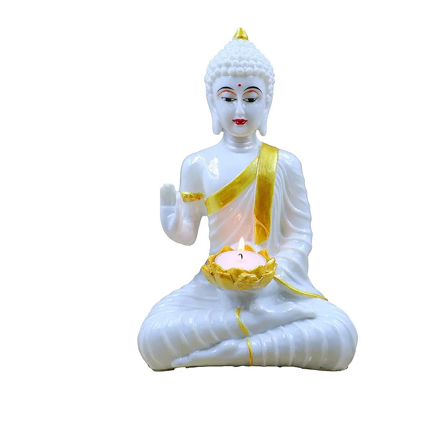 Jaipur Ace White Gold Buddha Sitting With Tealight in Hand Polyresin Idol