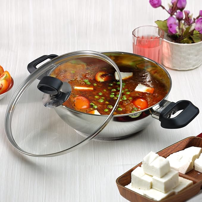 Vinod Stainless Steel Deluxe Kadhai with Glass Lid - 2.8 litre, 24cm | Extra Thick, SAS Bottom | Soft Handle | Kadai for Cooking