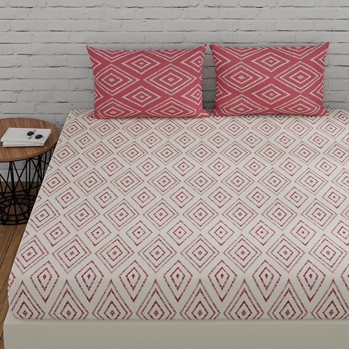 Huesland by Ahmedabad Cotton 144 TC King Size Bedsheet Cotton with 2 Pillow Covers | White & Peach Pink
