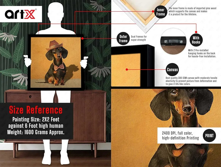 ArtX Black Dog Oil Paint Big Canvas Painting For Bedroom and Living Room With Frame