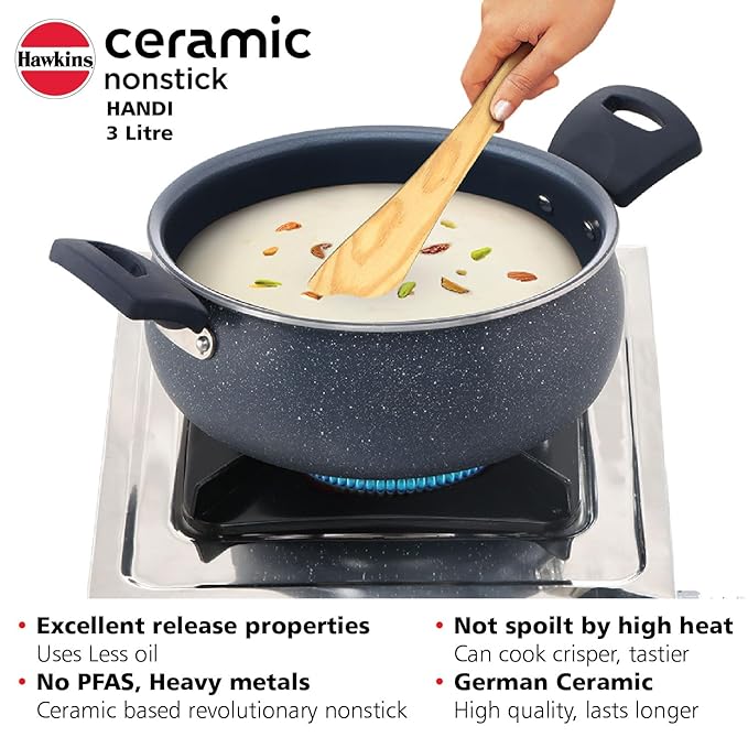 Hawkins Ceramic Nonstick Handi with Glass Lid 3 litre Induction Granite Casserole