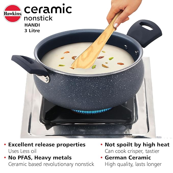 Hawkins Ceramic Nonstick Handi with Glass Lid 3 litre, Induction Biryani Pot