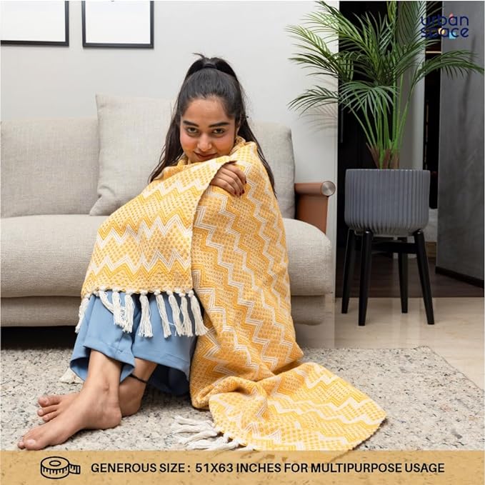 Urban Space Handmade Pure Cotton Sofa Throw Blanket Soft Decorative Throw for Living Room Colour Geometric Yellow