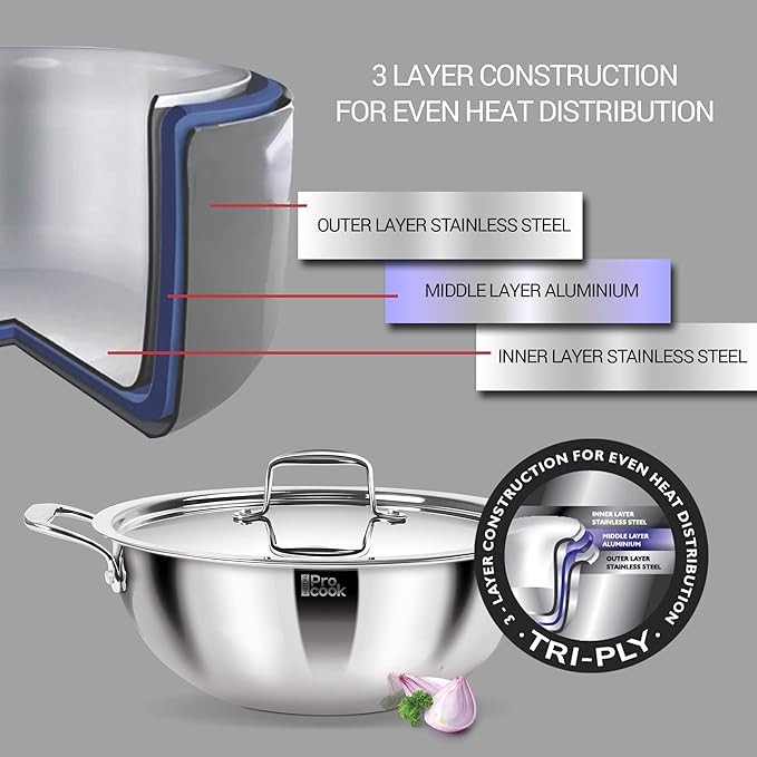 Milton Pro Cook Triply Deep Stainless Steel 26 Cm Kadai With Lid, 4.5 Litres - 2256 gms