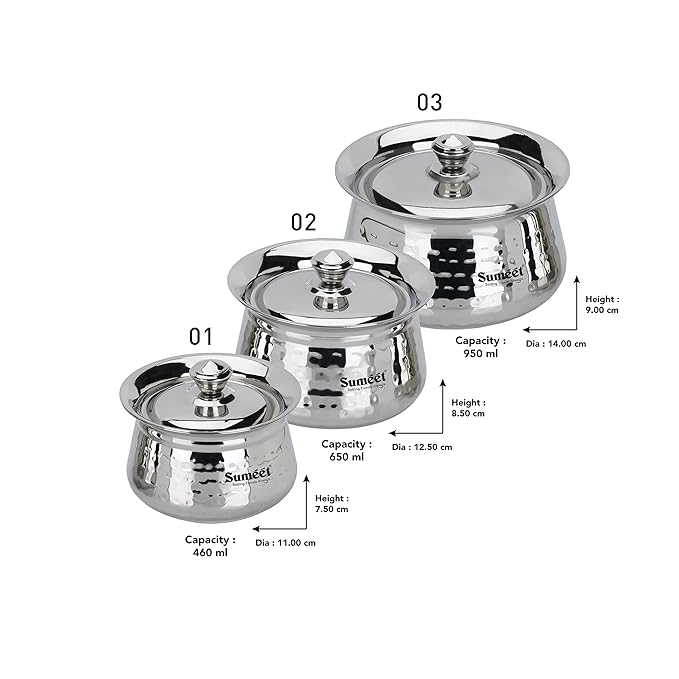 Sumeet Stainless Steel Handcrafted Hammered Texture Handi Set with Lid Set