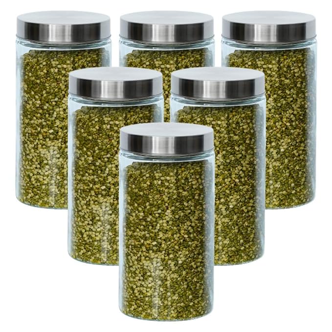 Femora Kitchen Storage Jars Borosilicate Glass With Steel Lid Air Tight Kitchen Jar and Container | 1600 Ml | Pack of 6