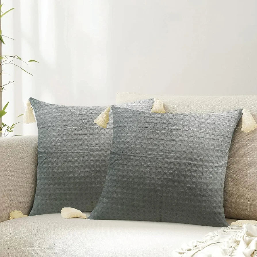 Urban Space Waffle Cotton Cushion Cover Set of 2 Cushion Covers for Sofa, Bedroom, Living Room Waffle Cool Grey