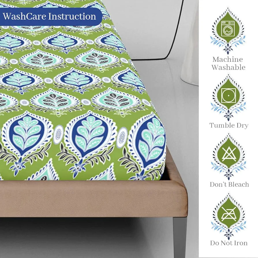 Divine Casa 144 TC Cotton Abstract Printed Queen Size Double Bed Elastic Fitted Bedsheet with 2 Pillow Cover Colour Forest Green