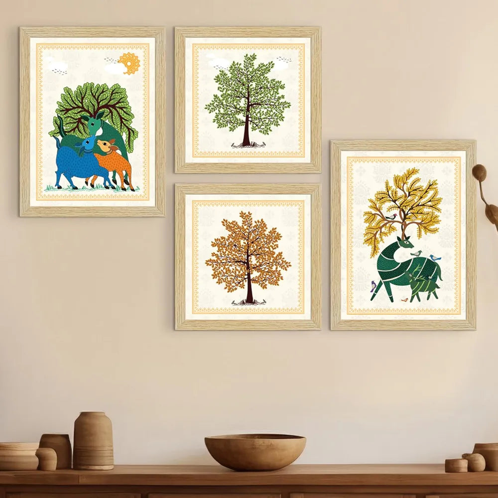 ArtX Paper Gond Art Paintings with Frame Gond-SO4-01 Set of 4