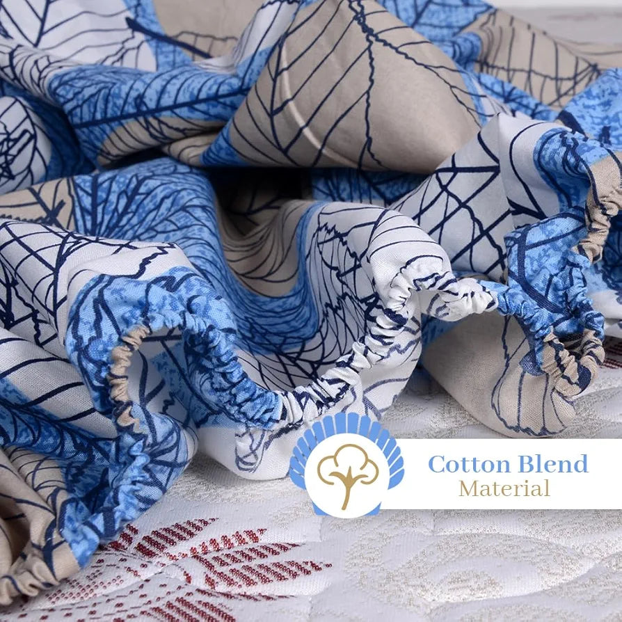 Divine Casa 144 TC Cotton Fitted Bedsheet for King Bed 100% Cotton Floral Blue Elastic Fit Everyday Use Bedsheet