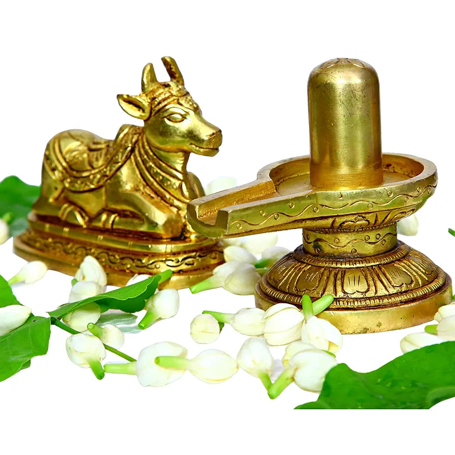 anciently Brass Shivling with Nandi Idol, Medium, Gold Colour - 
