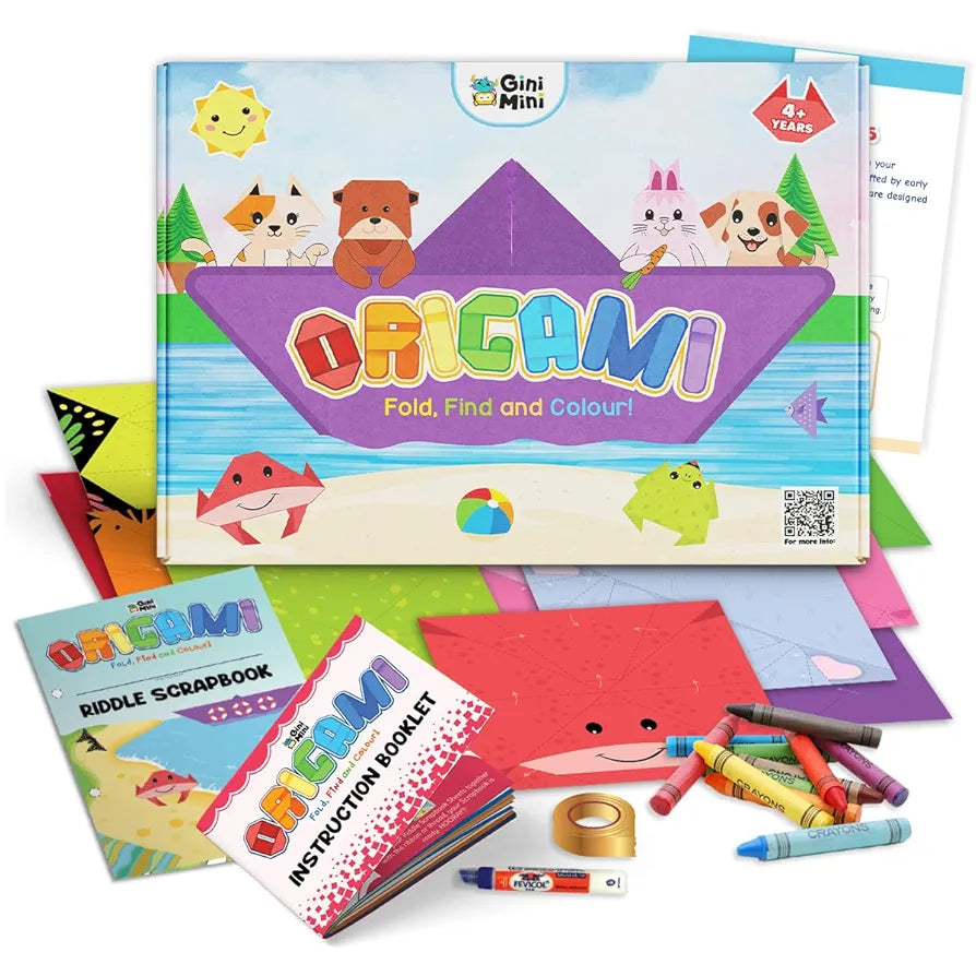 GiniMini Origami – Fold, Find & Colour! DIY Craft Kit for Kids 4 5 6 Years | 20 Origami Sheets, Riddle Scrapbook, Crayons, Ribbon, Fevicol & More | Paper Folding Art & Return Gift for Boys & Girls