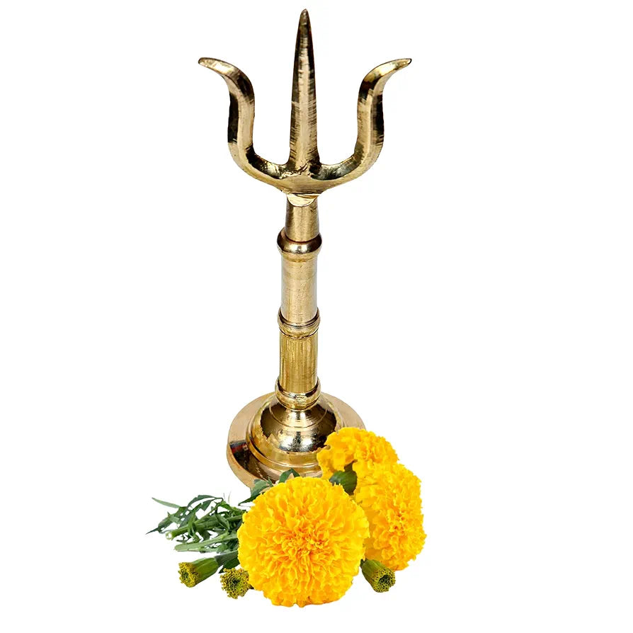 Anciently Brass Trishul on Stand | Brass Thirisoolam on Stand | Brass Soolam on Stand 7 Inches Height, Gold Colour