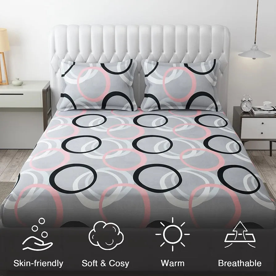 Fresh From Loom King Bedsheet for Double Bed Floral Design Bed Spread with 2 Pillow Covers 144 TC Circle Grey